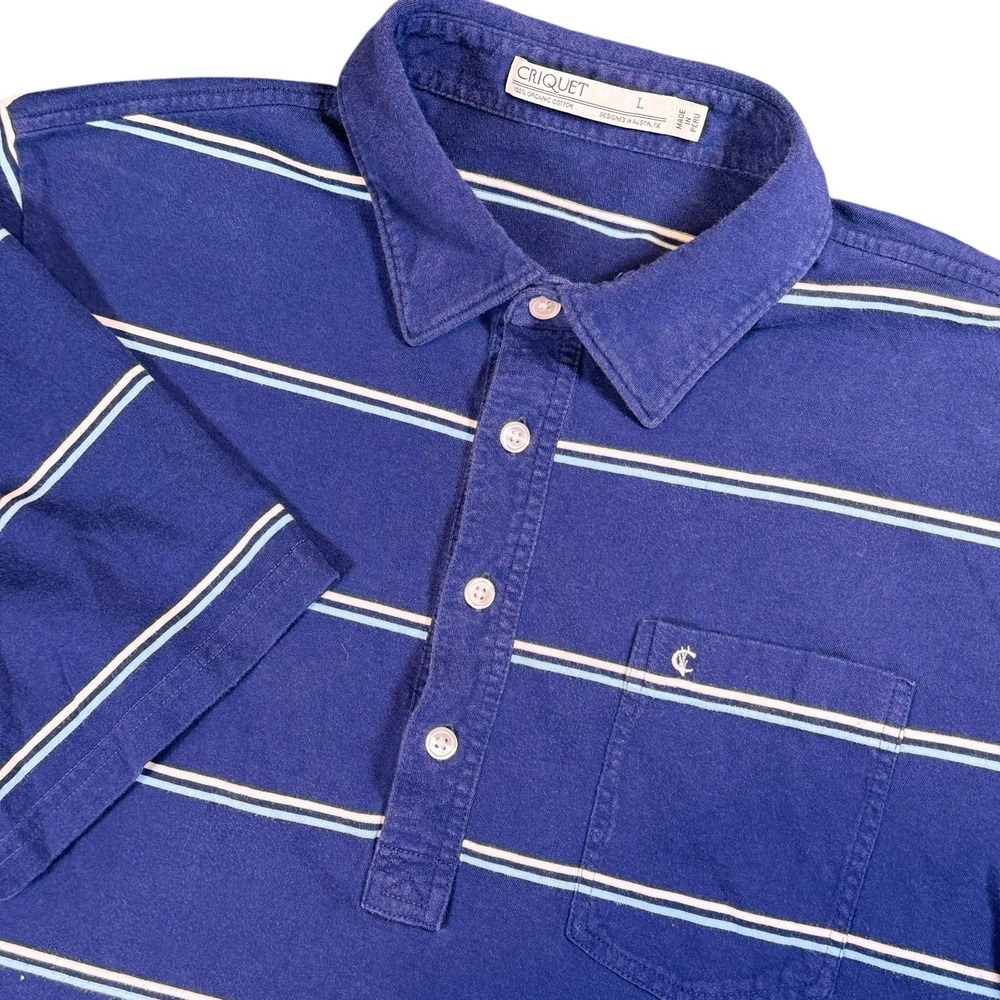 Criquet Organic Cotton Polo Shirt Men's L Navy White Stripe Classic Pique Golf
